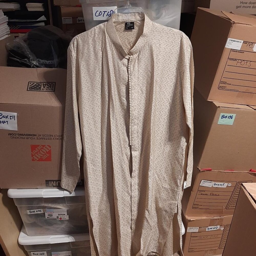 VTG Mebaz Men Long Suit Front Beads Indian Festival Floral Embroide Beige SzXL